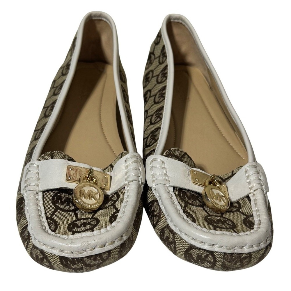 Michael Kors Fulton Moccasin Flats 6.5M Brown Monogram White Leather Trim Logo